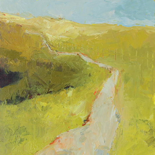 oil painting of a trail leading across lumpy yellow and green fields
