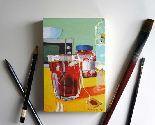 red tea and jam in the kitchen, painting on panel