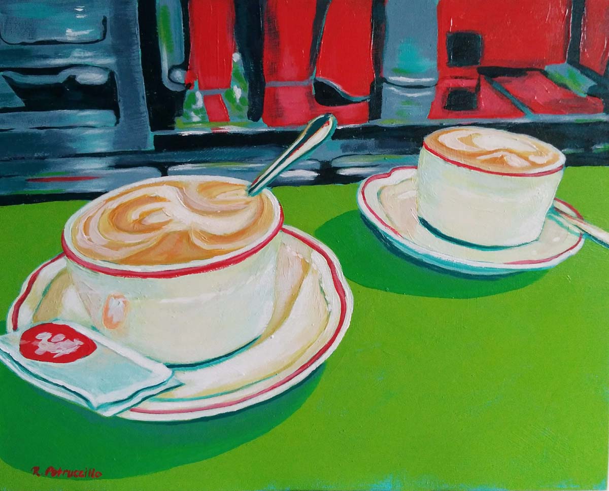acrylic painting of two cappuccino coffees at a cafe in Italy - copyright Rachel Petruccillo