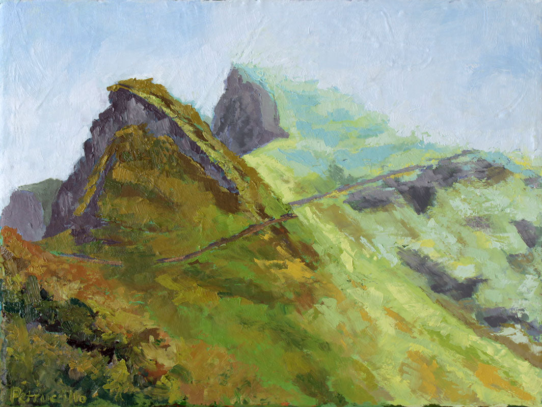 oil painting of an alpine walking trail in the high green and blue dolomite mountain range
