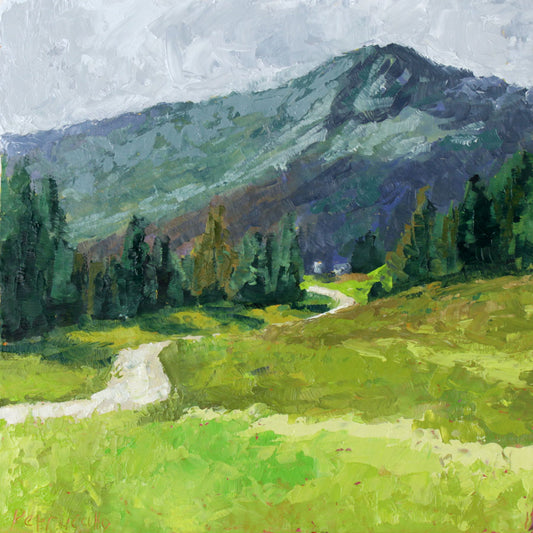 oil painting of a mountain road past an alpine field and evergreen forest leading towards a blue mountain