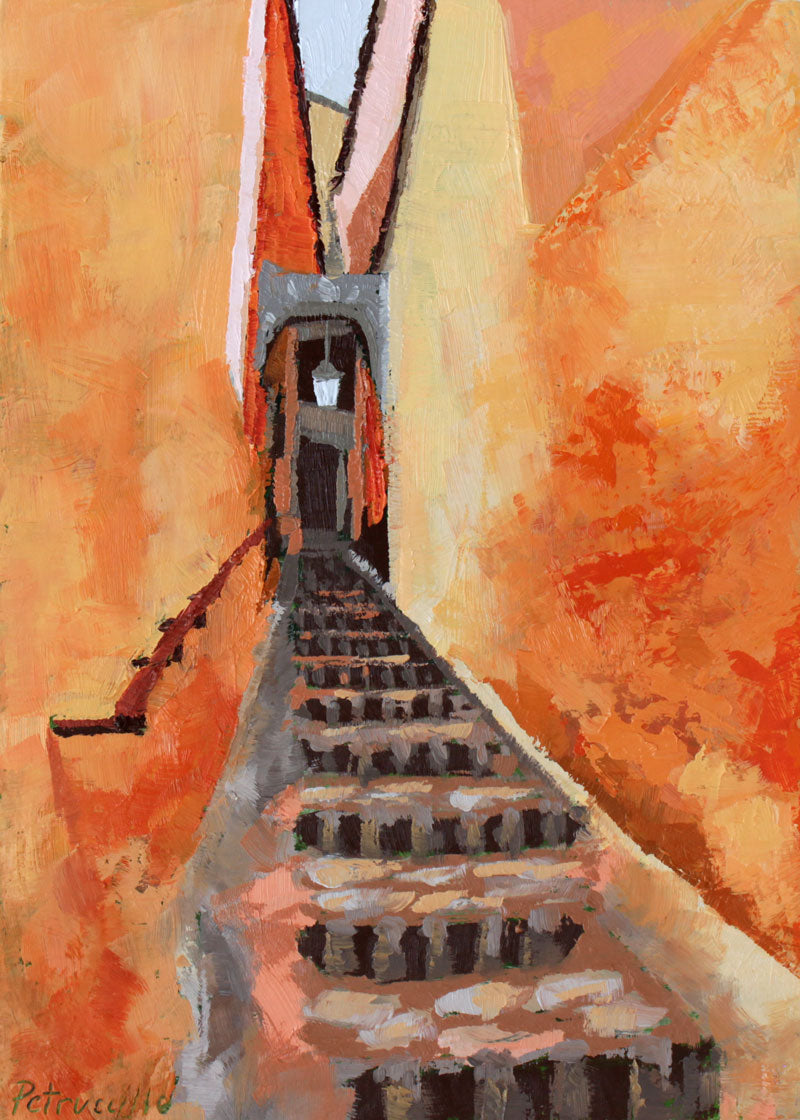 oil painting of a narrow passageway in Roussillon, a town in the Vaucluse department of the South of France.
