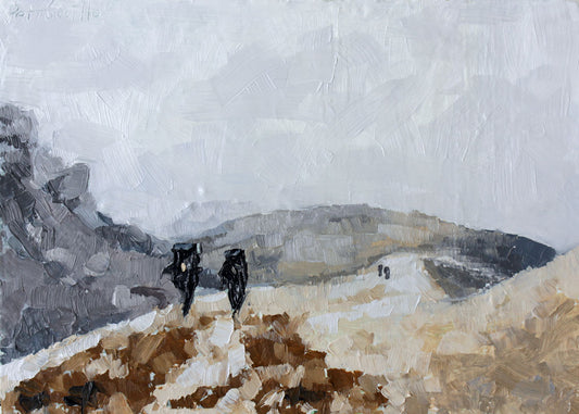 oil painting of mountain climbers on a snowy, rocky, mountain