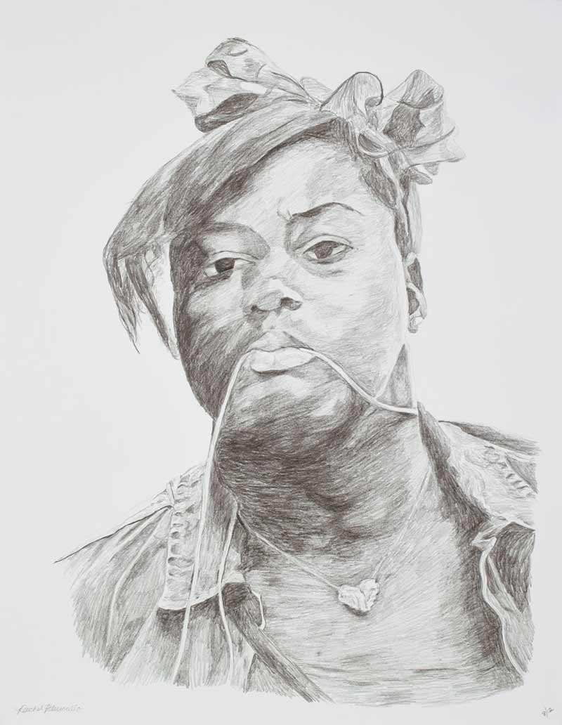 Portrait drawing of a young woman with a heart shaped necklace and hair bow, Downtown Brooklyn, New York. Copyright Rachel Petruccillo