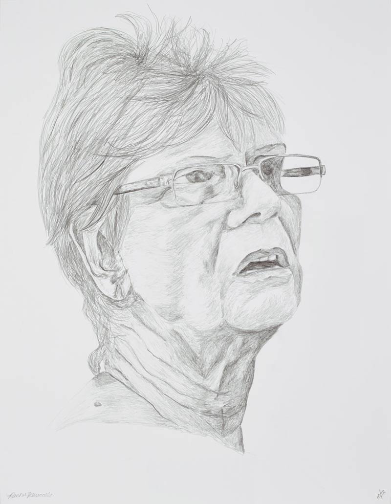 Portrait drawing of an older woman with short hair and glasses at a Farm Stand, Mattituck, New York. Copyright Rachel Petruccillo