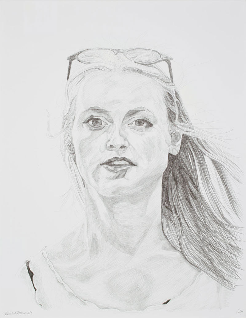 Portrait drawing of a young model with blond hair and glasses on her head in Brooklyn, New York. Copyright Rachel Petruccillo