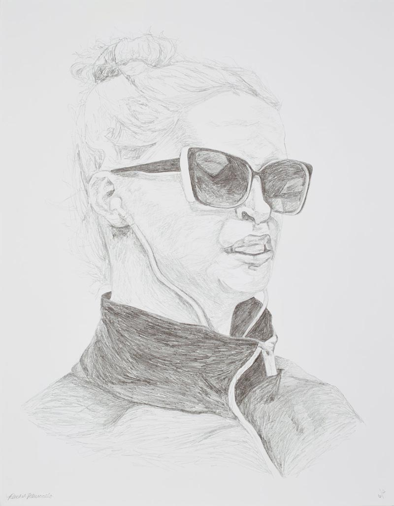 Portrait drawing of a young blond woman with top knot, sunglasses and ear buds in downtown Brooklyn, New York. Copyright Rachel Petruccillo