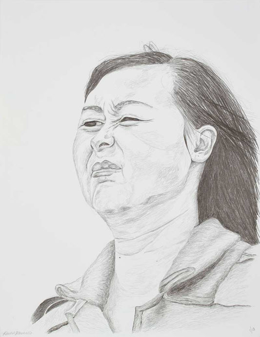 Portrait drawing of a Chinese woman squinting into the sun - Avenue of Stars, Hong Kong. Copyright Rachel Petruccillo