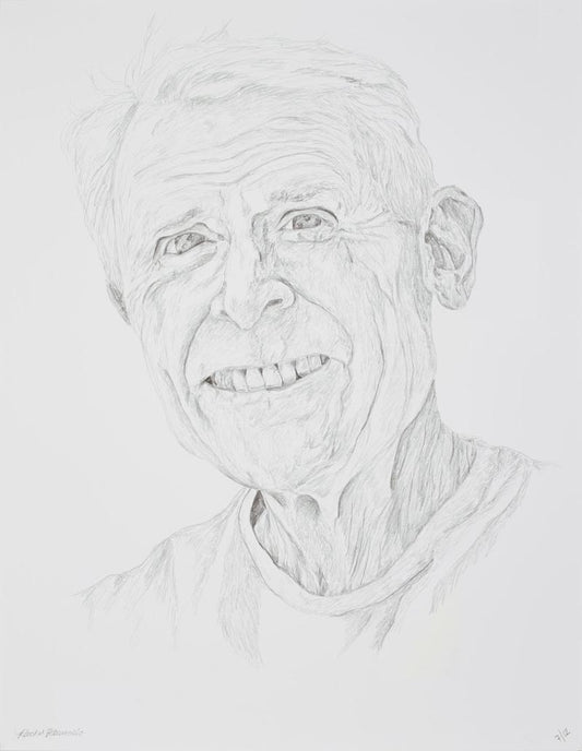 Portrait drawing of an older man smiling, New York. Copyright Rachel Petruccillo