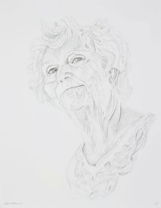 Portrait drawing of an older woman smiling, New York. Copyright Rachel Petruccillo