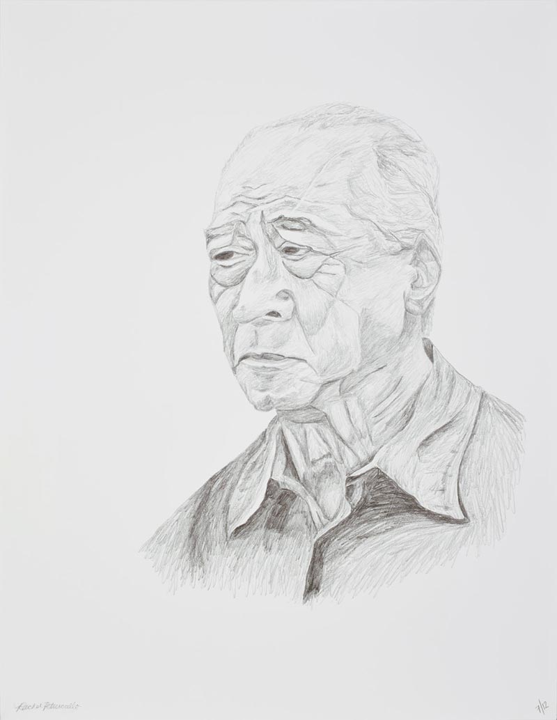 Large portrait drawing of an older Asian man in New York, 20x26 inches, graphite on paper. Original artwork by Rachel Petruccillo